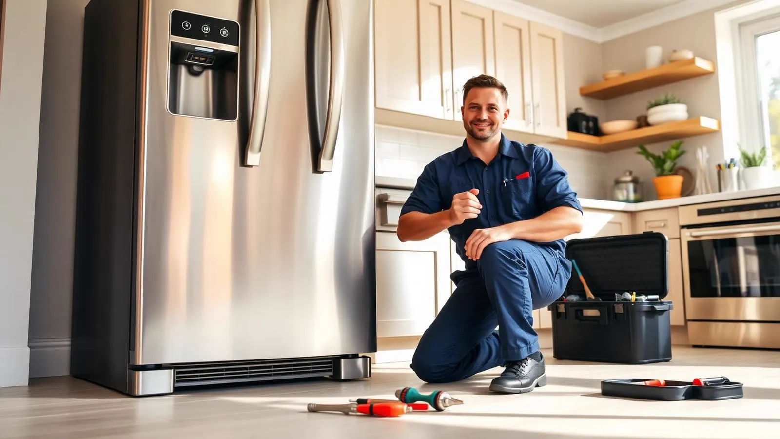 Appliance repair technician servicing a refrigerator in an Everett kitchen